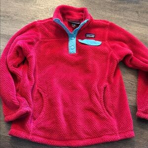 Patagonia Fleece Jacket Kids Small 7-8 Pink Blue Snap-T Pullover Pockets Cozy